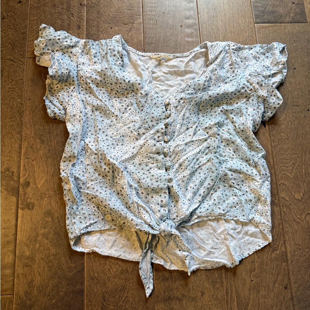 Light Blue Floral Button-Up Tie-Front Blouse
